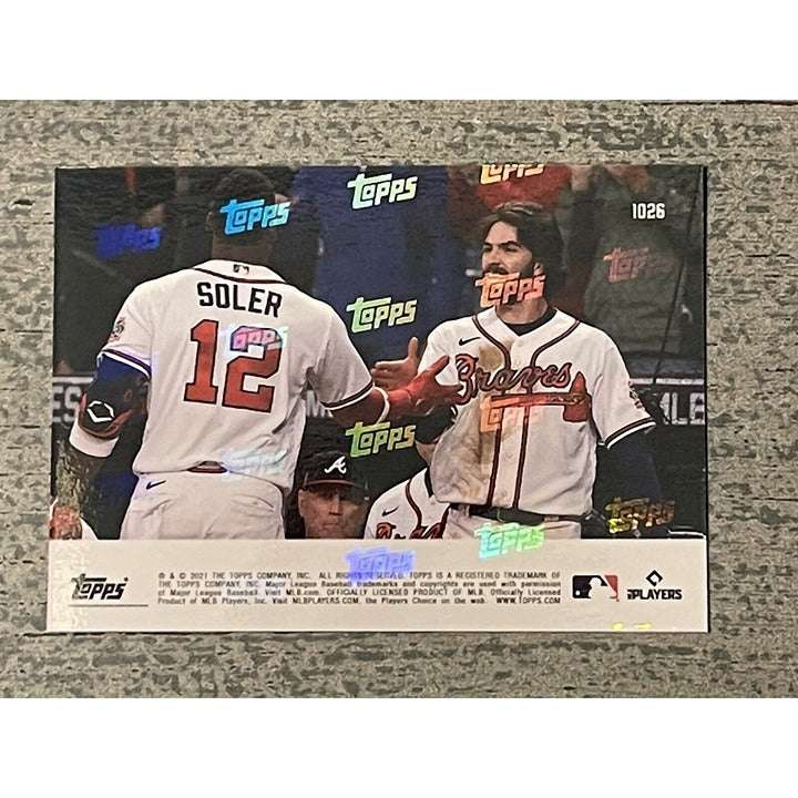 2021 Topps Now MLB World Series card featuring Dansby Swanson and Jorge Soler of the Atlanta Braves