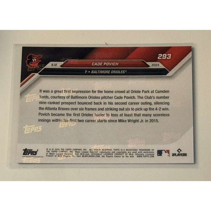 Cade Povich RC 2024 Topps Now baseball card showing pitching action during 6 shutout innings for Baltimore Orioles