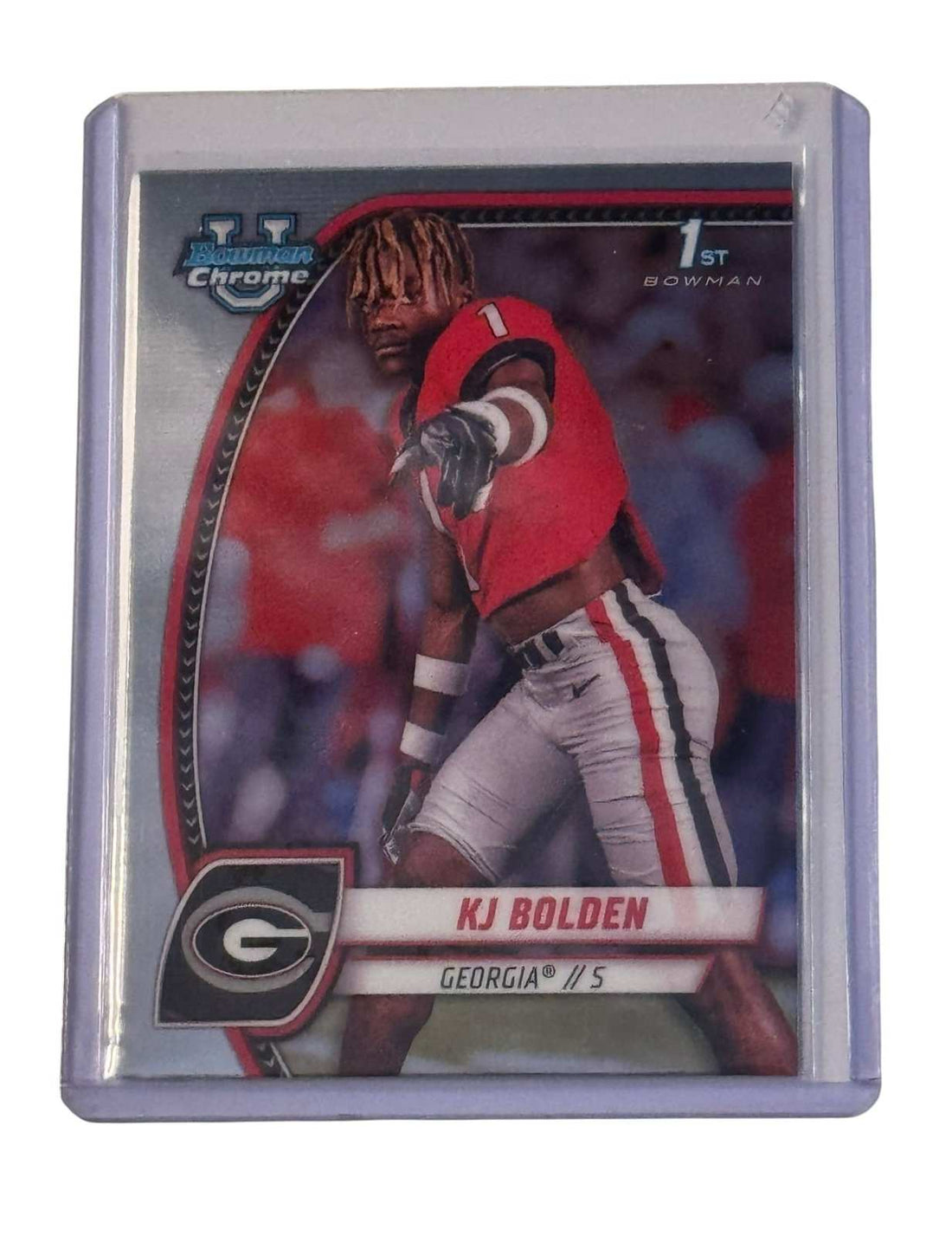KJ Bolden RC 2024 1st Bowman U Chrome card featuring Georgia Bulldogs defensive back in protective sleeve