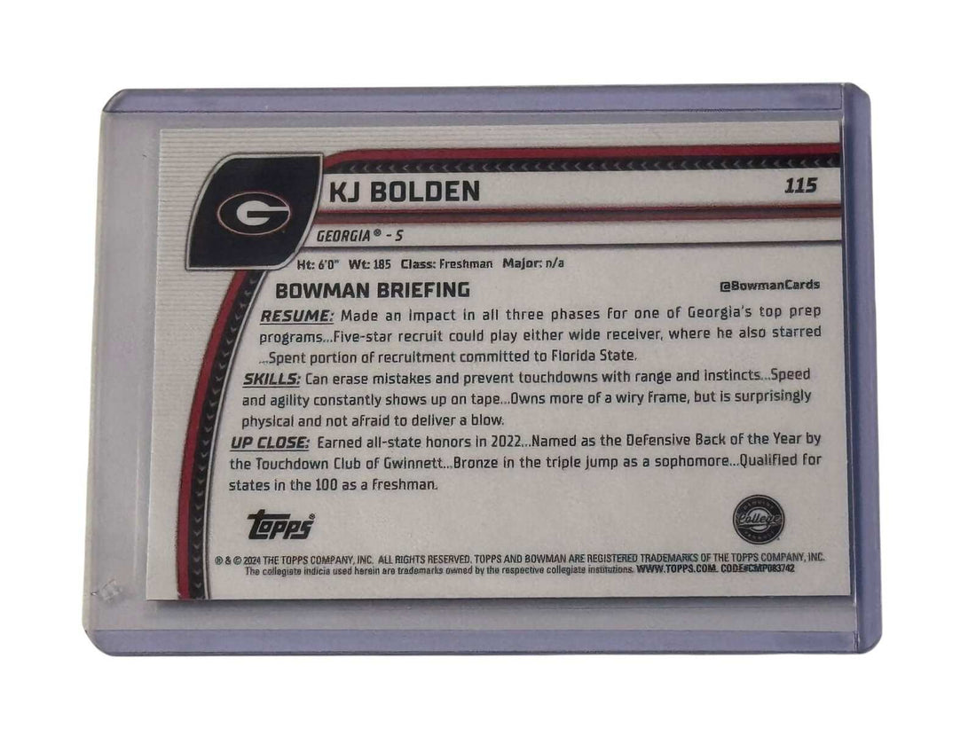 KJ Bolden RC 2024 1st Bowman U Chrome card featuring Georgia Bulldogs defensive back in protective sleeve
