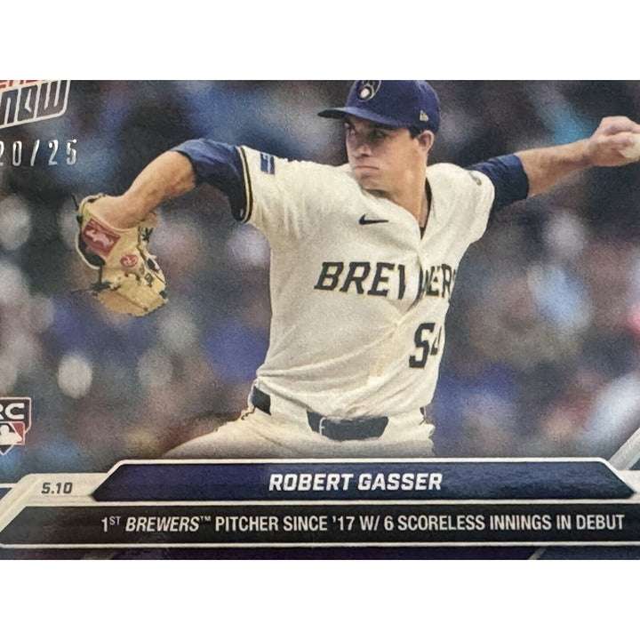 2024 Robert Gasser RC 20/25 Milwaukee Brewers Topps Now Rookie Card #174 in hand
