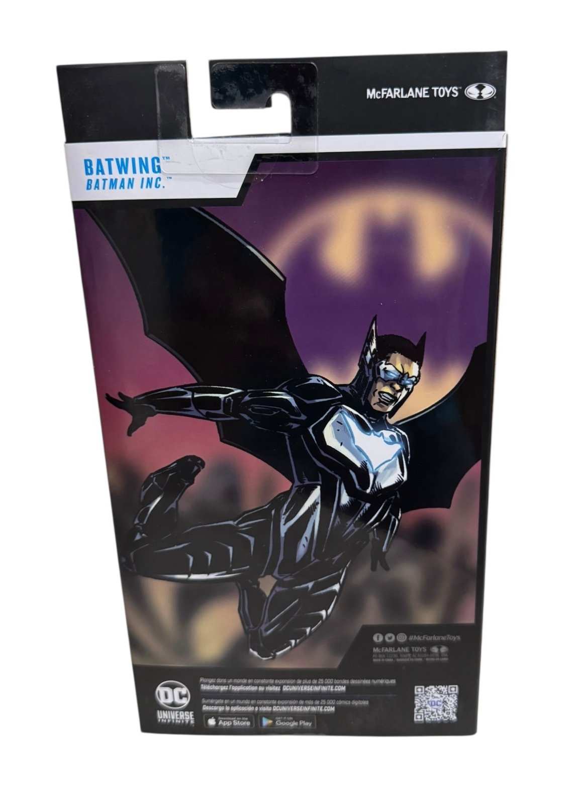 McFarlane DC Multiverse Batwing Batman Inc. 7-inch action figure in sealed packaging with articulated armor and glider wings