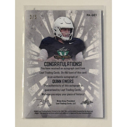 3/5 Quinn Ewers RC* Auto - 2022 Leaf Valiant NCAA TEXAS Longhorns - Card #PA-QE1