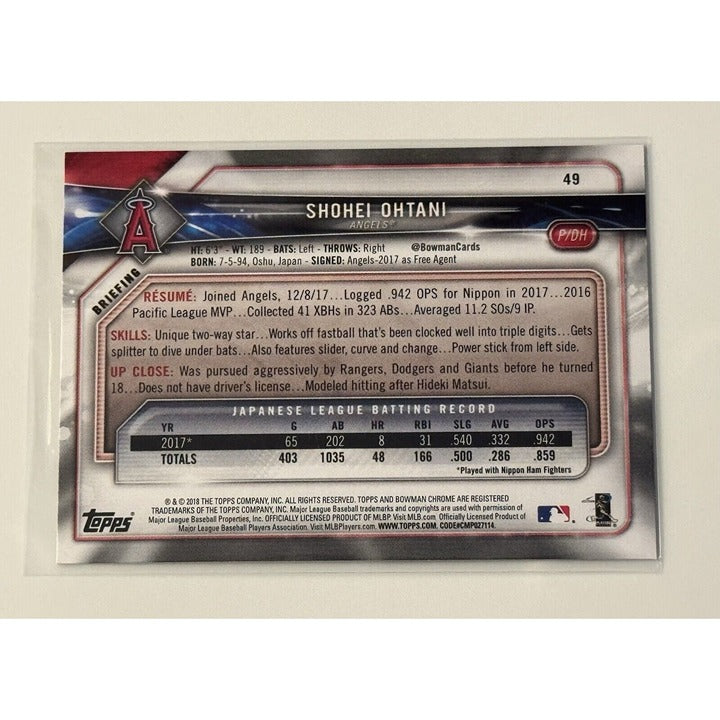 Shohei Ohtani 2018 Bowman Baseball Rookie Card #49 1st True RC Angels MVP - Mint