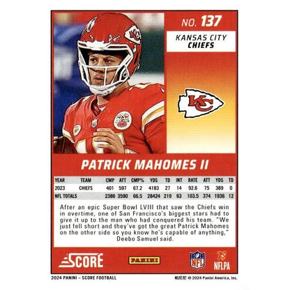 2024 NFL Score Football Patrick Mahomes II - Scorecard #137 - Kansas City Chiefs