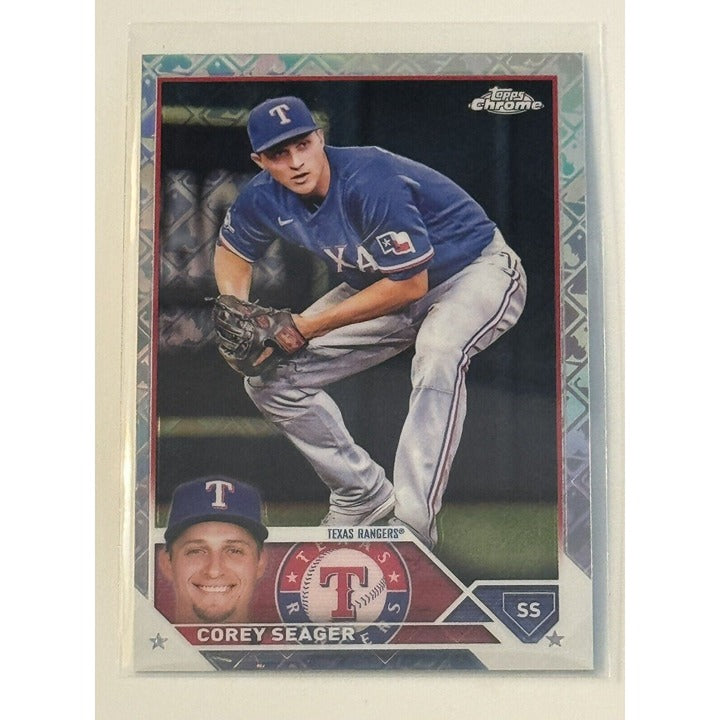 2023 Topps Chrome Logofractor Corey Seager Blue Refractor - MLB Rangers Card #45