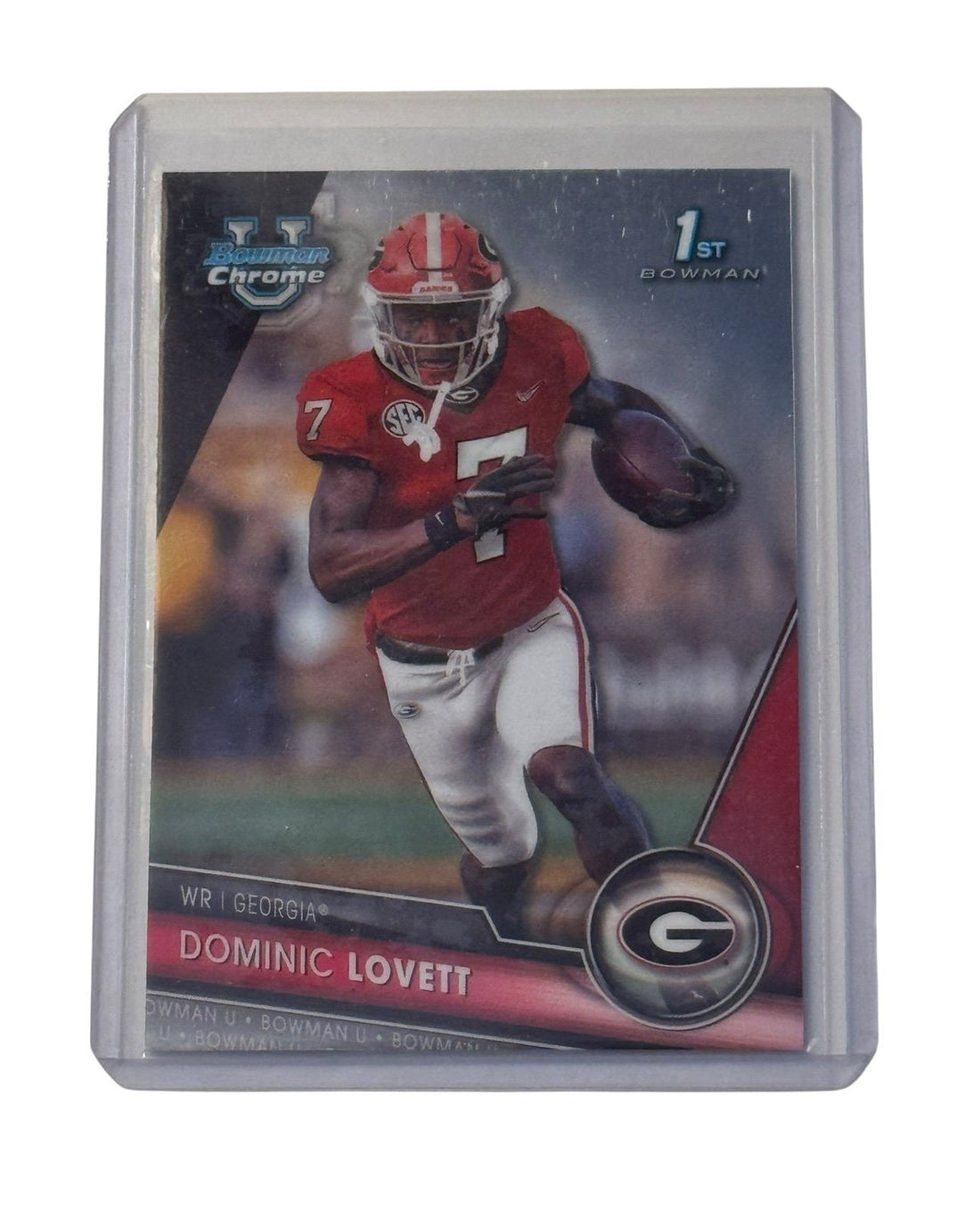 Dominic Lovett RC 1st Bowman Chrome football card Georgia Bulldogs NFL prospect in protective top loader sleeve