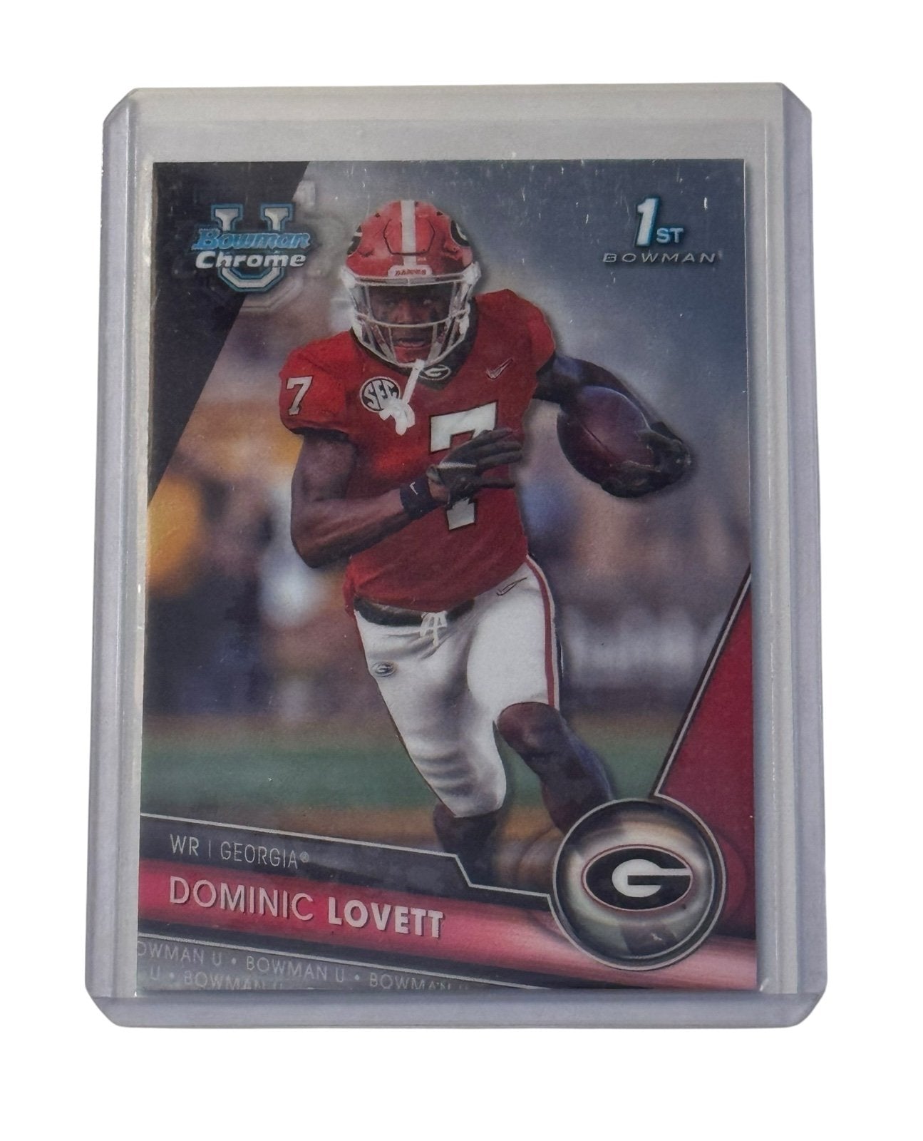 Dominic Lovett RC 1st Bowman Chrome football card Georgia Bulldogs NFL prospect in protective top loader sleeve