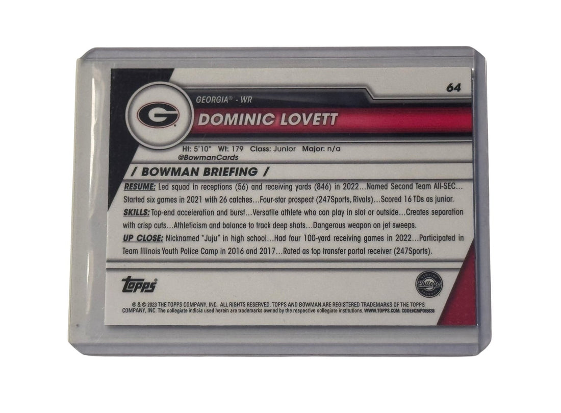 Dominic Lovett RC 1st Bowman Chrome football card Georgia Bulldogs NFL prospect in protective top loader sleeve