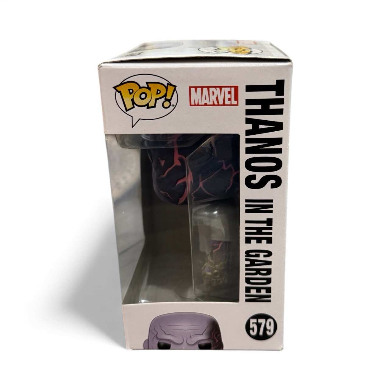 Funko Pop Thanos in the Garden #579 collectible figure from Marvel Avengers Endgame with damaged arm in sealed box