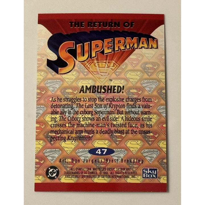 1993 SkyBox Superman Man of Steel trading card featuring intense battle scene with Superman and villain in silver foil design