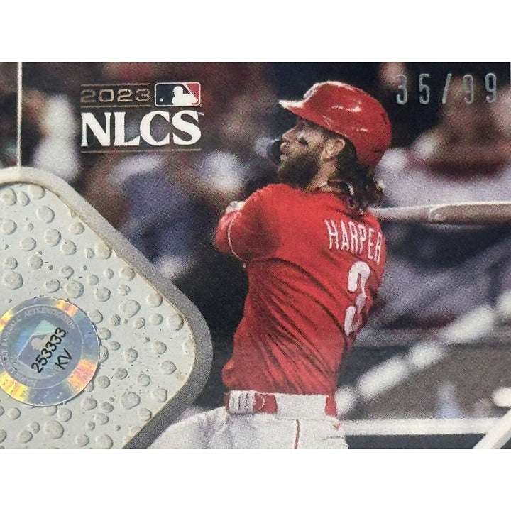 Game-used base relic trading card of Kyle Schwarber and Bryce Harper from 2023 Topps Now Philadelphia Phillies series, serial number 35/99