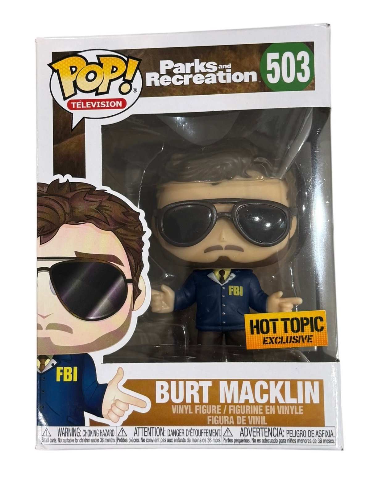 Funko Pop Burt Macklin vinyl figure from Parks and Recreation Hot Topic Exclusive in box