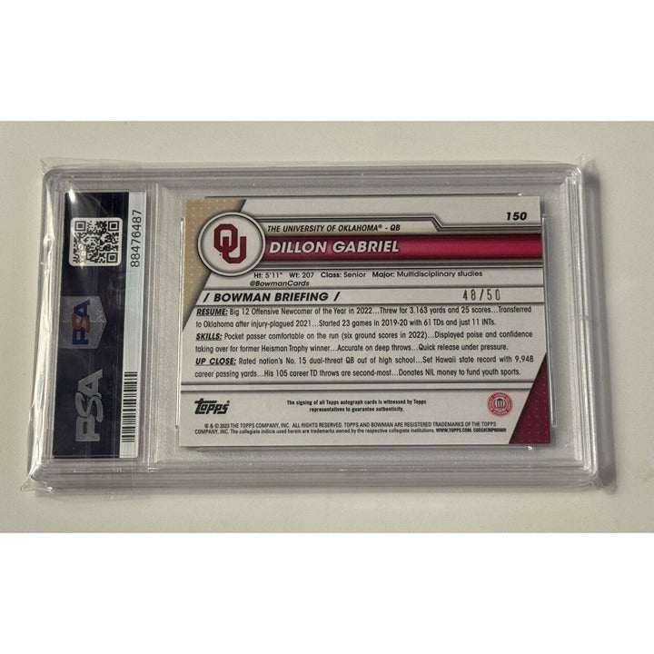 Dillon Gabriel Gold RC 2023 Bowman Chrome University Refractor autograph card PSA 10 Oklahoma Sooners football rookie collectible