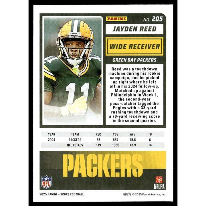2025 NFL SCORE Jayden Reed Green Bay Packers football card near mint condition