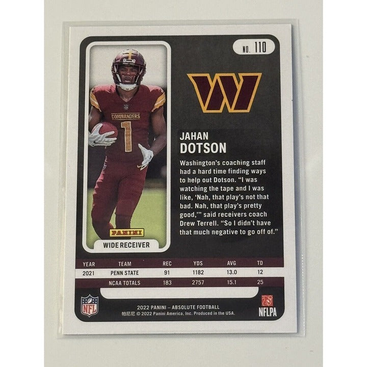 Jahan Dotson Rookie* Card 2022 Panini Absolute NFL Commanders Football Card #110