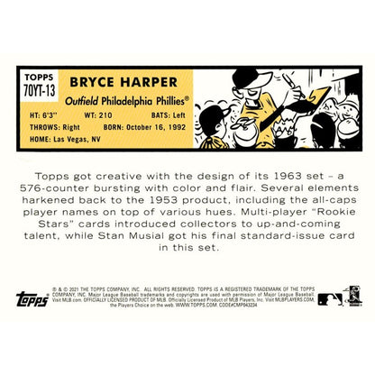 2021 Topps #70YT-13 Bryce Harper 70 Years Topps Baseball - MLB Phillies Series 1