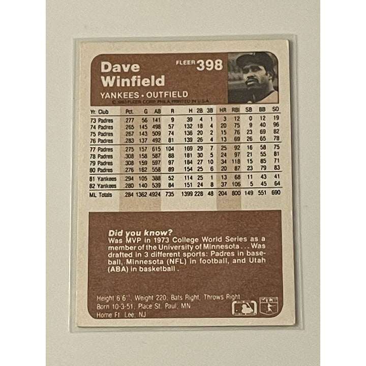 1983 Fleer baseball card of Dave Winfield New York Yankees MLB Hall of Famer vintage collectible