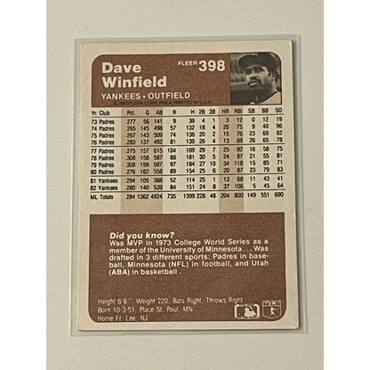 1983 Fleer Baseball Dave Winfield Card #398 - MLB New York Yankees Baseball HOF*