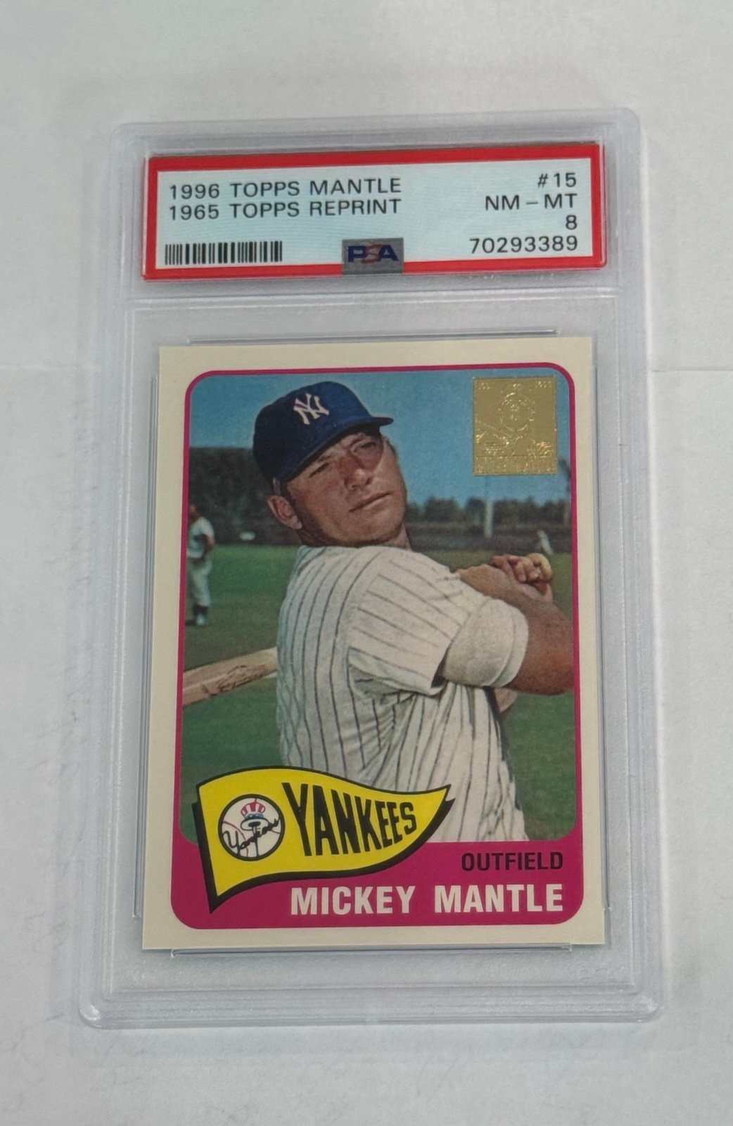 1996 Topps Mickey Mantle 1965 reprint baseball card PSA 8 NM-MT NY Yankees collectible