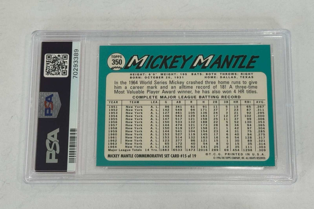 1996 Topps Mickey Mantle 1965 reprint baseball card PSA 8 NM-MT NY Yankees collectible