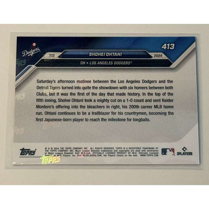Shohei Ohtani trading card 2024 Topps Now limited edition #413 with Dodgers uniform highlighting 200th career home run