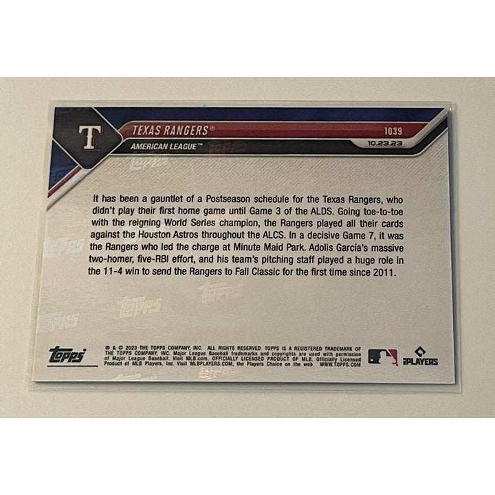 Texas Rangers 2023 MLB TOPPS NOW Blue Parallel ALCS Champs limited edition trading card numbered 04/49