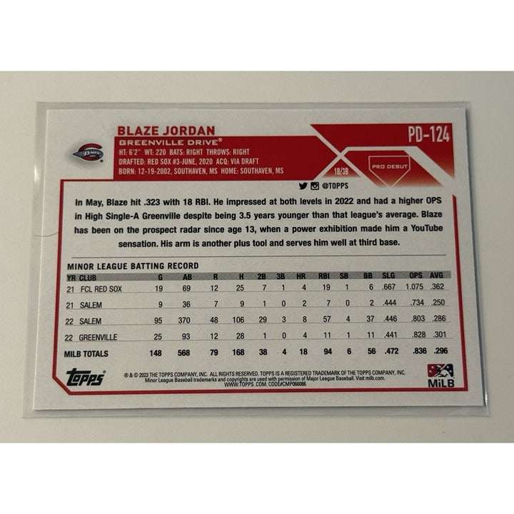 2023 Topps Pro Debut Blaze Jordan Rookie baseball card Greenville Drive D-Backs