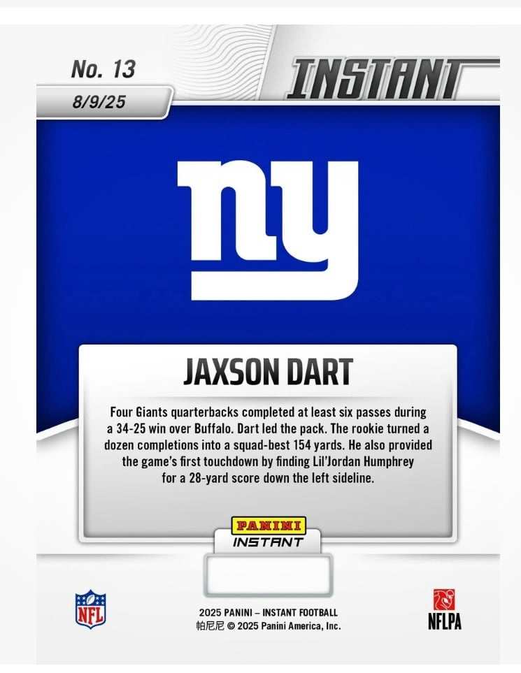 2025 Panini Instant Jaxson Dart Rookie Card NFL New York Giants preseason debut