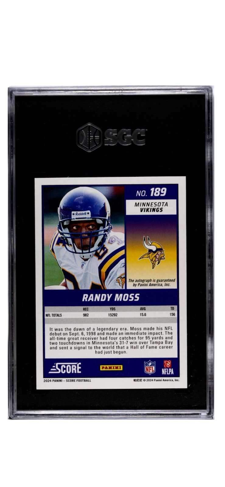 23/50 2024 Panini Score Randy Moss Gold Zone Autograph NFL Vikings card SGC 9.5