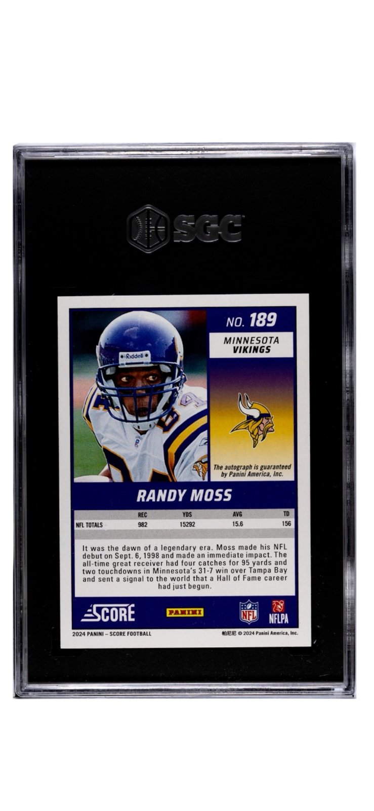 23/50 2024 Panini Score #189 Randy Moss Gold Zone Autograph* NFL Vikings SGC 9.5