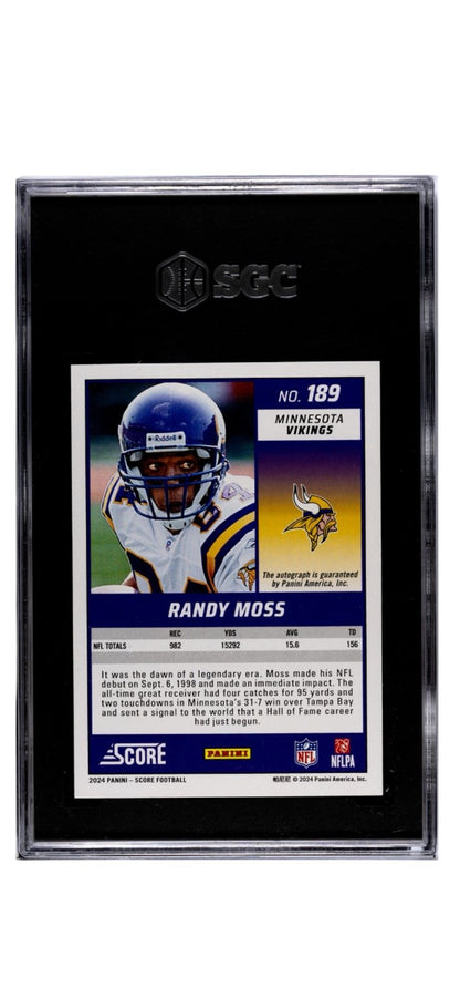 23/50 2024 Panini Score #189 Randy Moss Gold Zone Autograph* NFL Vikings SGC 9.5