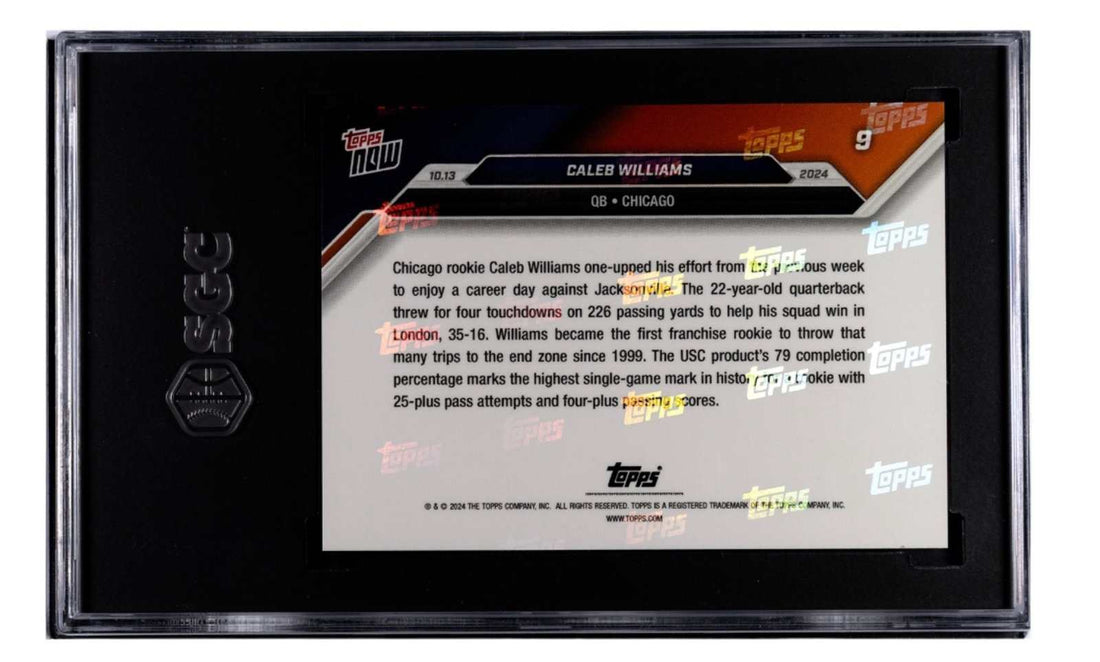 Caleb Williams RC 2024 Topps NOW rookie card graded SGC 9.5 featuring Chicago Bears quarterback in action
