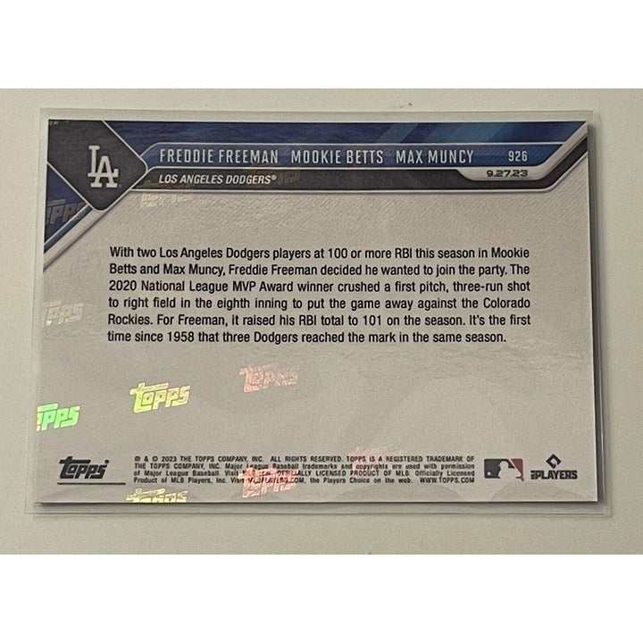 2023 Topps Now MLB card featuring Dodgers trio Freeman, Betts, and Muncy with 100+ RBIs