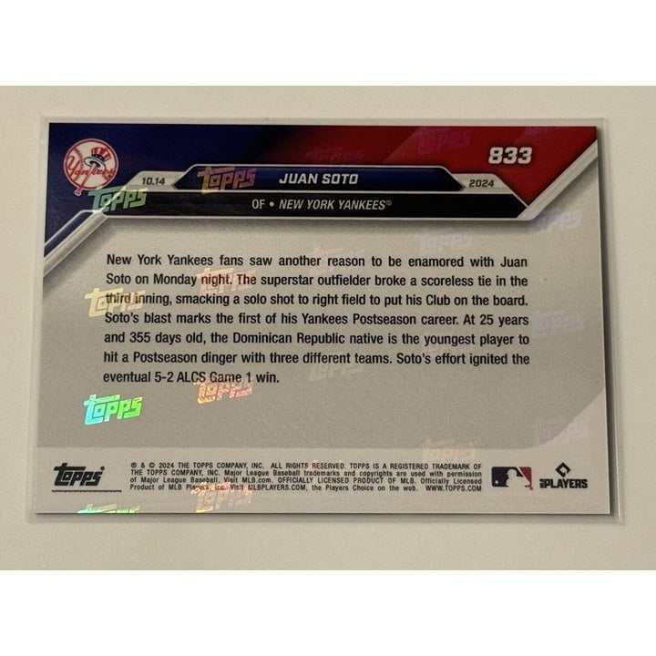 2024 Topps Now Juan Soto ALCS baseball card showing New York Yankees player in action hitting home run