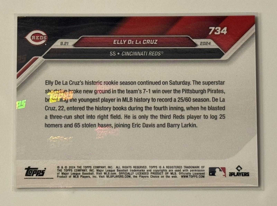2024 MLB Topps Now Elly De La Cruz rookie card showing him batting for Cincinnati Reds