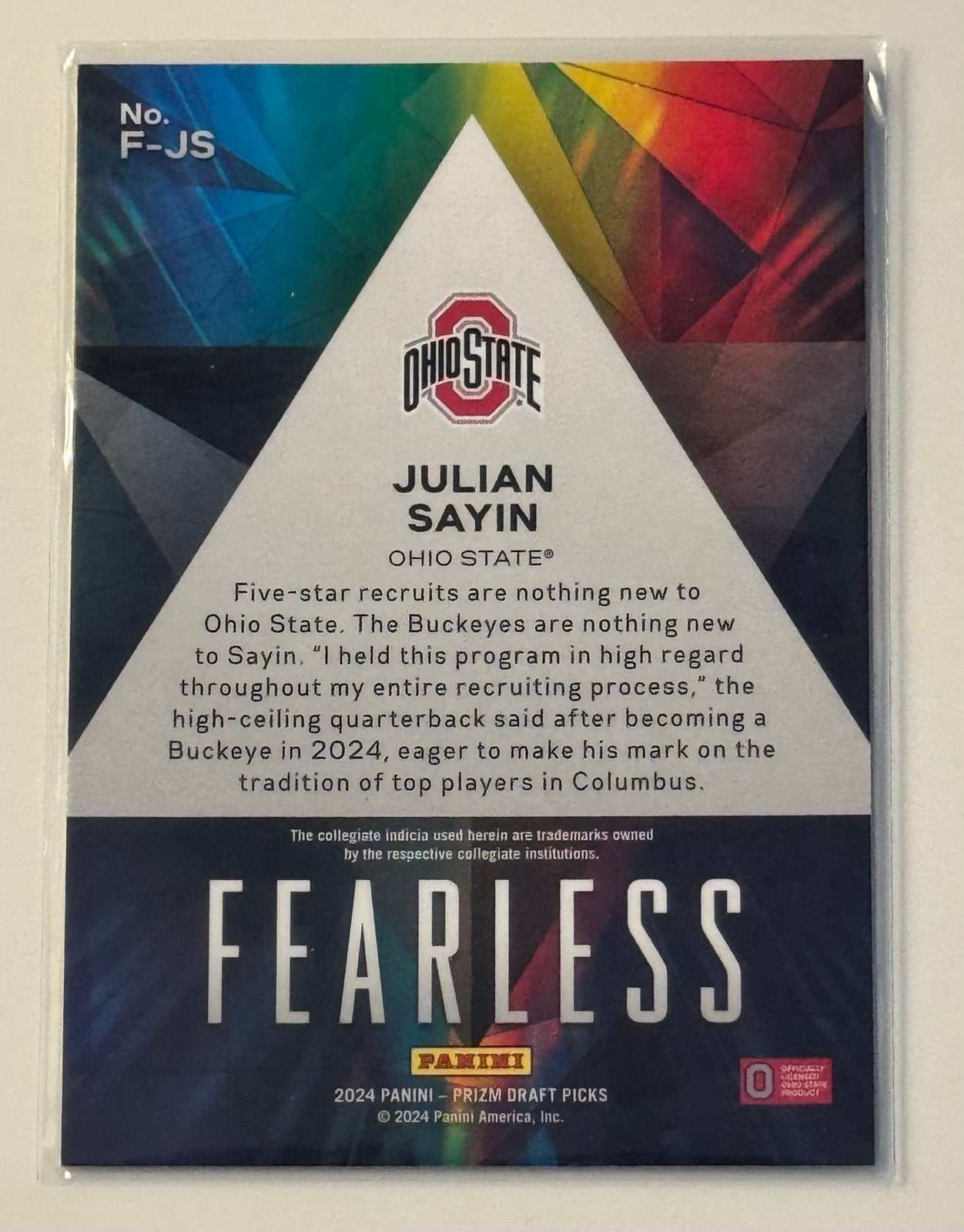 Julian Sayin RC 2024 Prizm Draft Picks Fearless rookie card Ohio State QB prospect