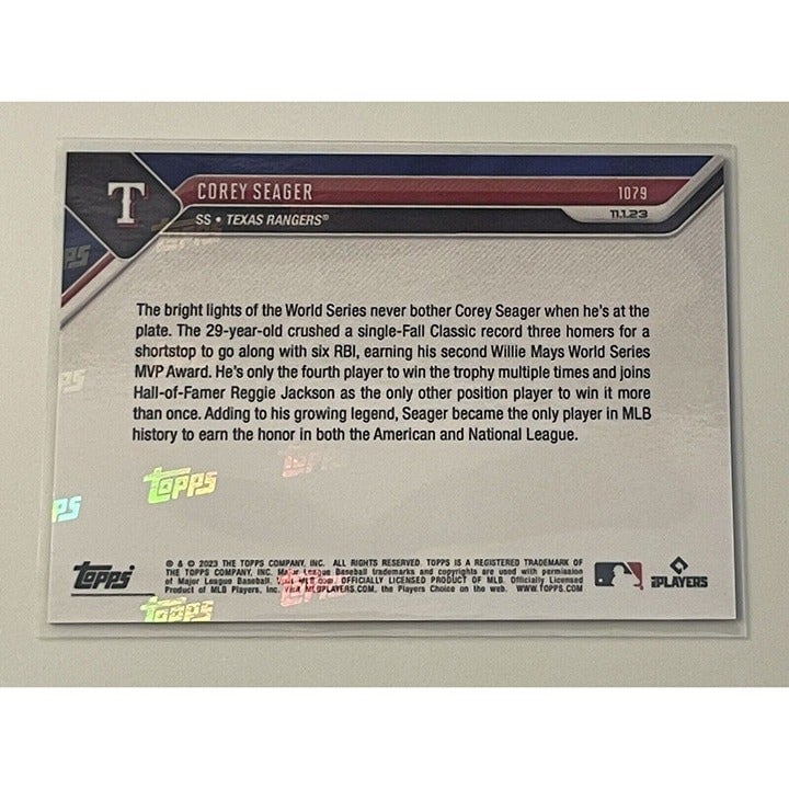 2023 MLB Topps Now COREY SEAGER Wins 2nd World Series MVP 1079 WS Texas Rangers*