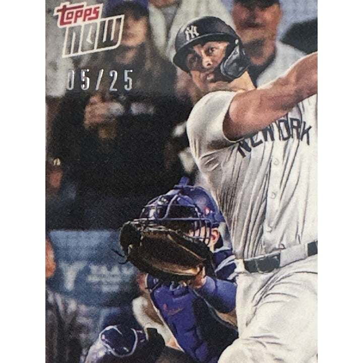 5/25 Giancarlo Stanton Topps Now 2024 baseball trading card showing hardest hit World Series ball in Statcast era
