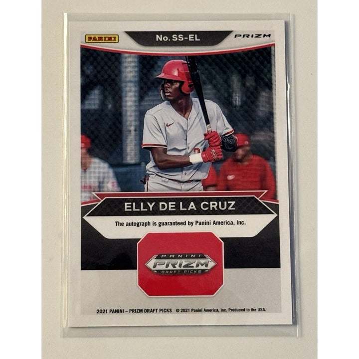 2021 Prizm Draft Picks Elly De La Cruz RC Auto Signing Sessions Cincinnati Reds baseball card with autograph