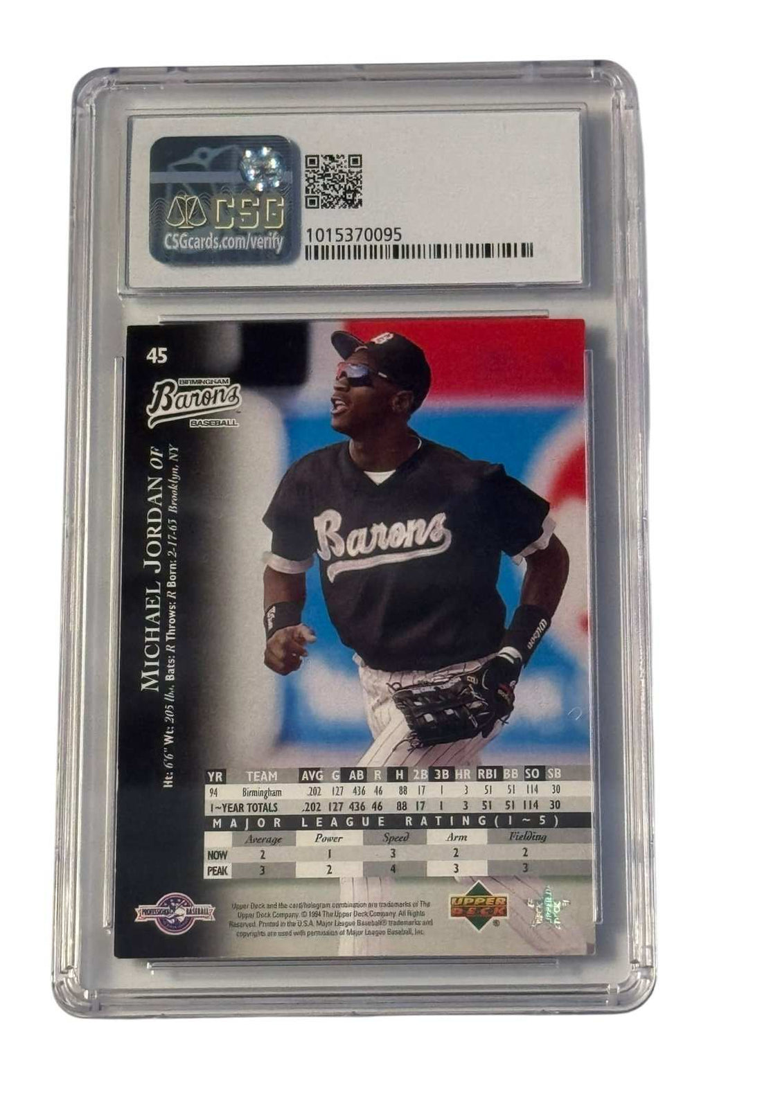 1995 Upper Deck Minors Michael Jordan #45 Birmingham Barons baseball card graded CSG 8 in protective slab