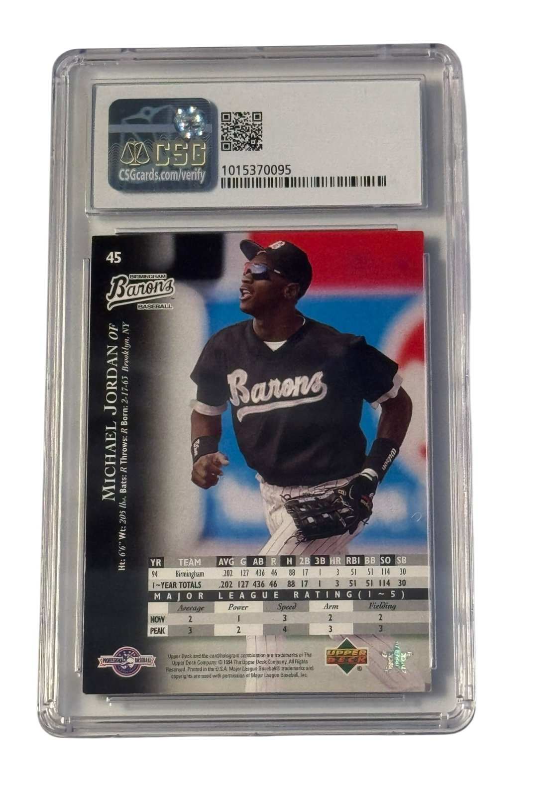 1995 Upper Deck Minors Michael Jordan #45 Birmingham Barons baseball card graded CSG 8 in protective case