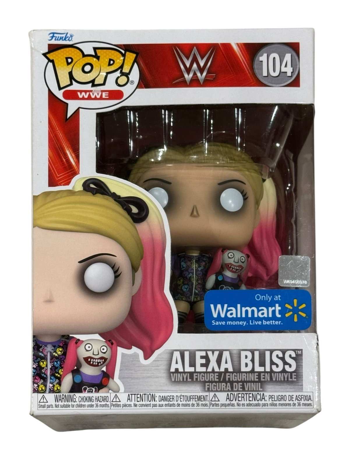 Funko Pop WWE Alexa Bliss collectible figure with pink hair and Lilly doll accessory in sealed Walmart exclusive packaging