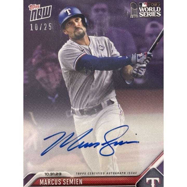 2023 Topps Now Marcus Semien World Series autographed baseball card, limited 10/25 print, Texas Rangers memorabilia
