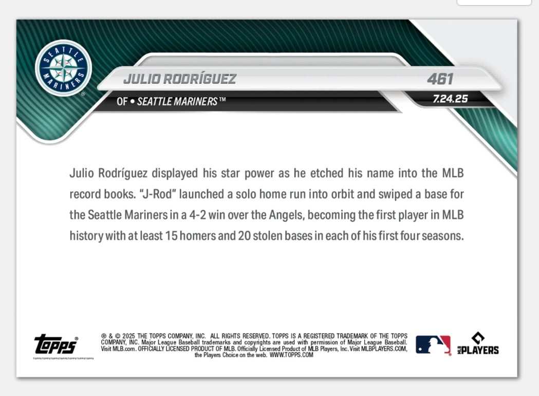 2025 Topps NOW baseball card of Julio Rodríguez in Seattle Mariners uniform during game