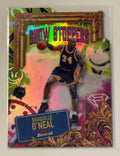 Shaquille O’Neal 2025 Topps Finest Show Stoppers Refractor basketball card in Lakers colors with rainbow finish