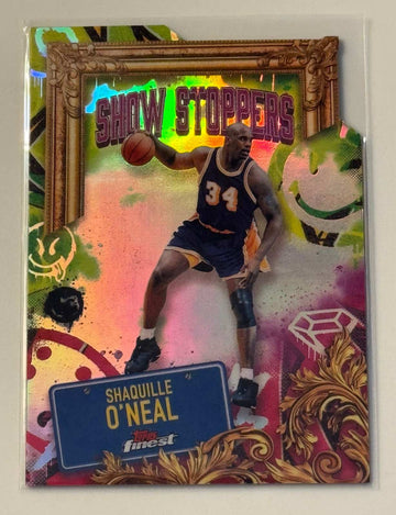 Shaquille O’Neal 2025 Topps Finest Show Stoppers Refractor basketball card in Lakers colors with rainbow finish