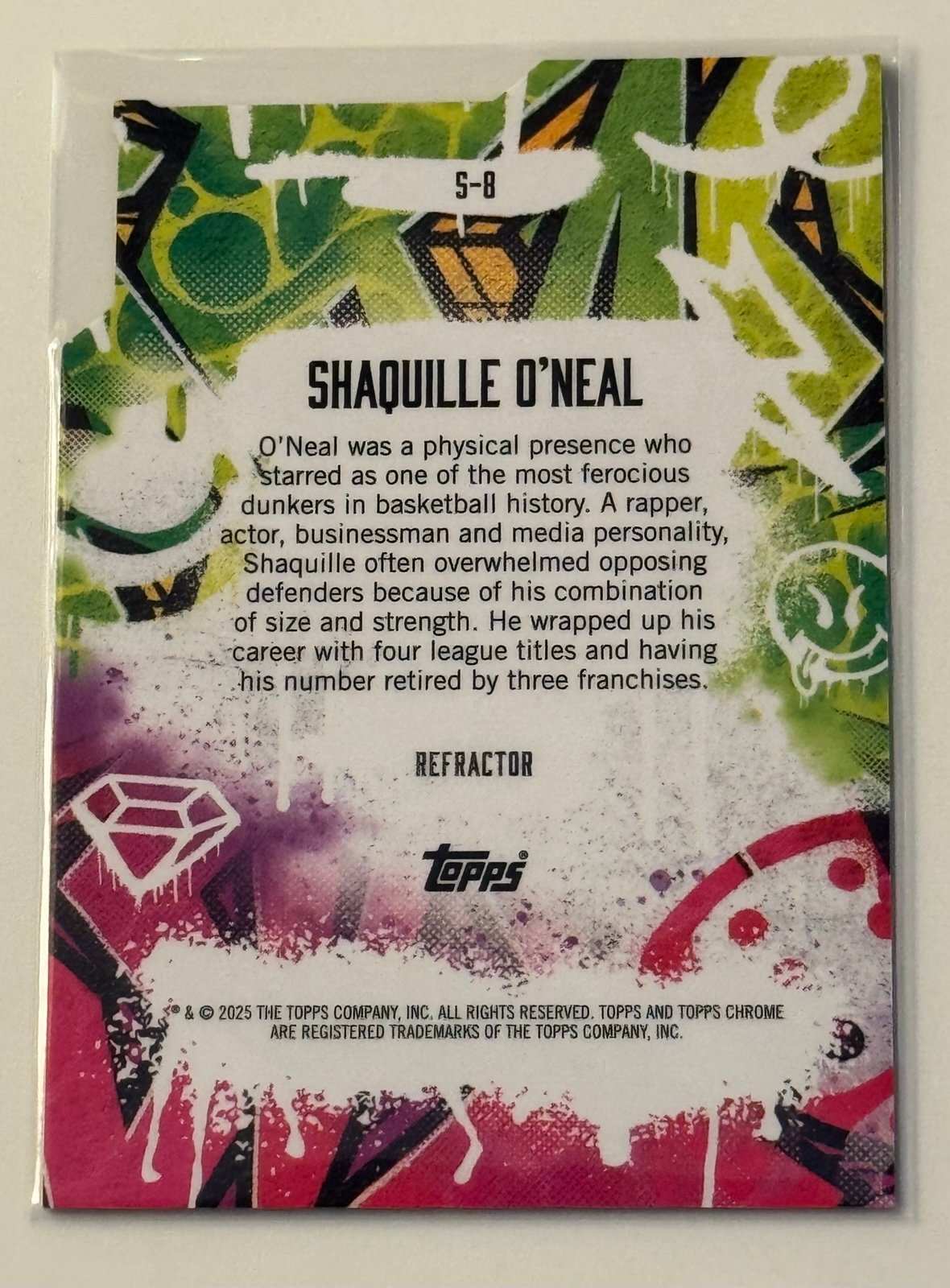 Shaquille O’Neal 2025 Topps Finest Show Stoppers Refractor NBA Lakers card with graffiti art and rainbow finish
