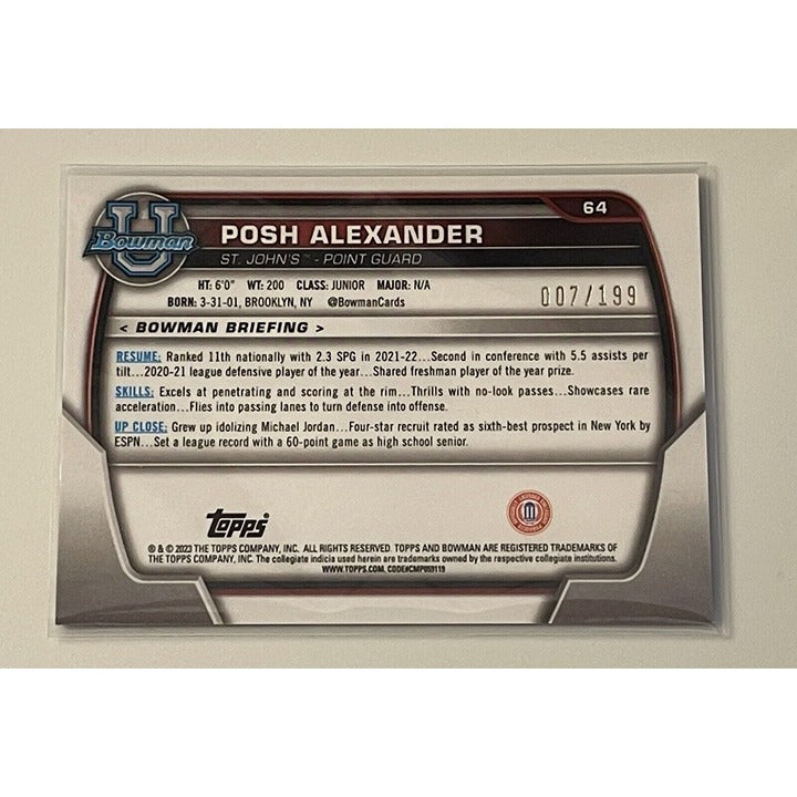 2022-23 Bowman University Chrome POSH ALEXANDER RC 7/199 -1st Purple Shimmer #64