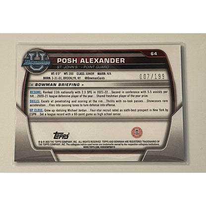 2022-23 Bowman University Chrome POSH ALEXANDER RC 7/199 -1st Purple Shimmer #64